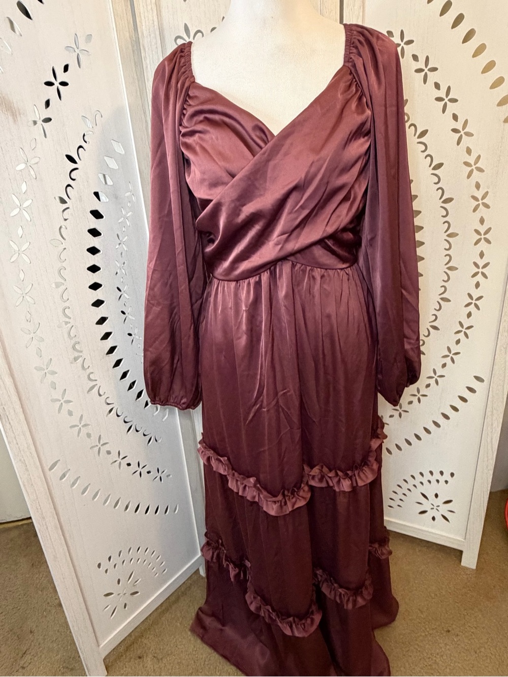NWOT Satin Burgundy Long Sleeve Ruffled Maxi Dress